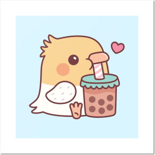 Cute Cockatiel Parrot Loves Drinking Bubble Tea Posters and Art